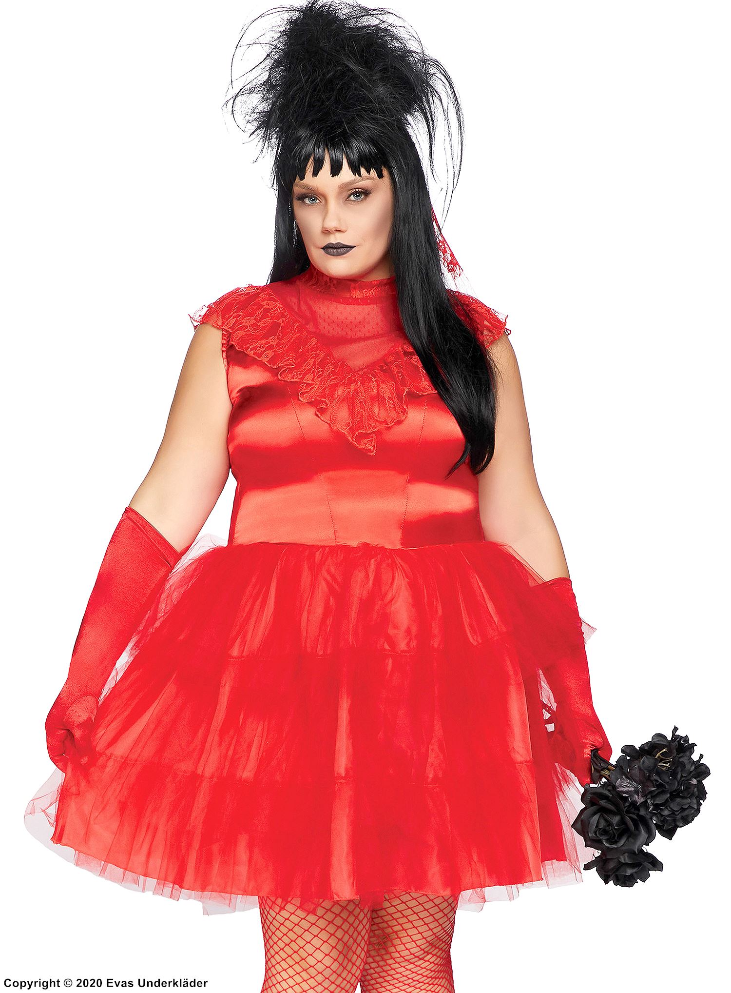 Lydia Deetz från Beetlejuice, maskeradklänning i satin med spetsöverdrag och tyllkjol, plus size